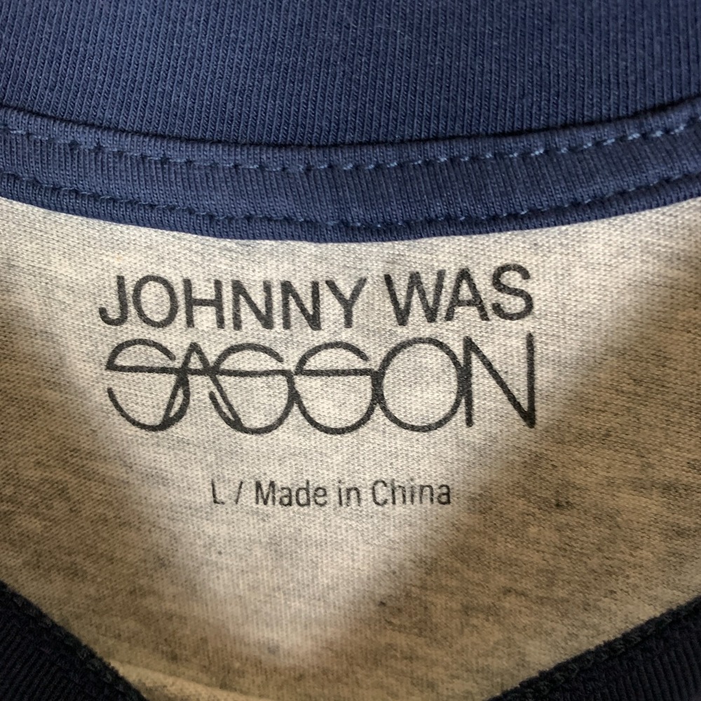 Johnny Was Sasson Raglan Baseball T-Shirt Women's Large L Grey/Blue Floral Logo - Picture 3 of 11